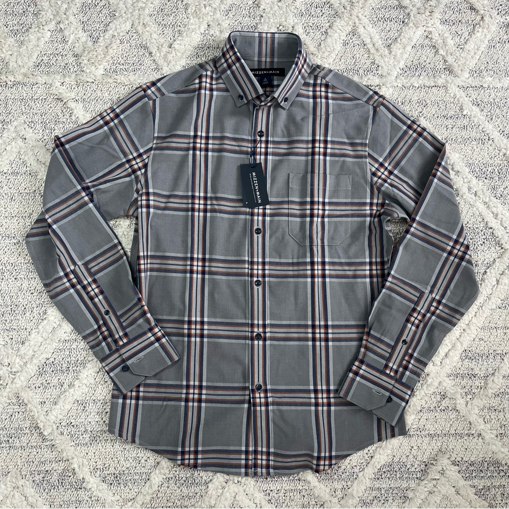 MIZZEN MAIN City Flannel Shirt Steel Gray Orange Plaid‎ Mens Small Trim NWT $138